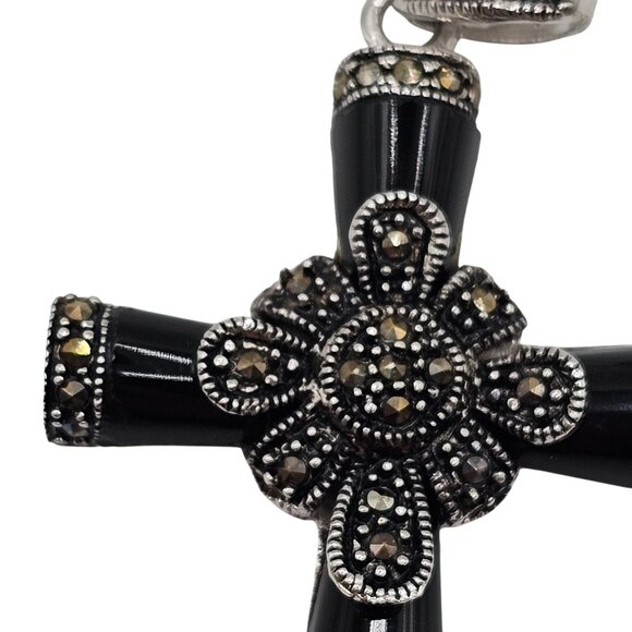 VTG Necklace Pendant Black Silver Onyx Marcasite Cross Religious Faith Gothic - Picture 8 of 14